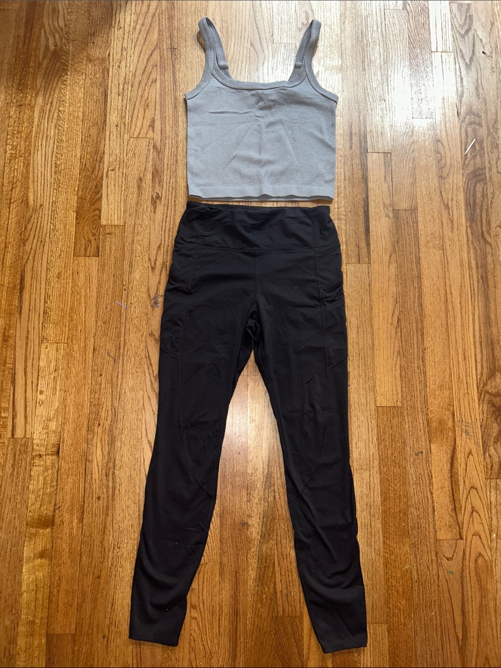 Gray Ribbed Crop Tank and Black Leggings Set